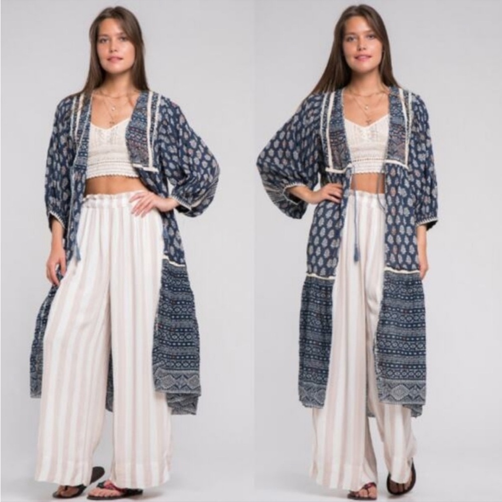 Zara Bohemian Batik Bobo Kimono- Navy Blue, Cream print Rust embroidery M/L